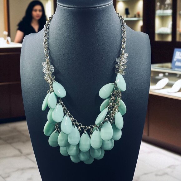 Mint Green Teardrop Statement Necklace Chunky Bib Layered Boho Chic Jewelry - Picture 1 of 7